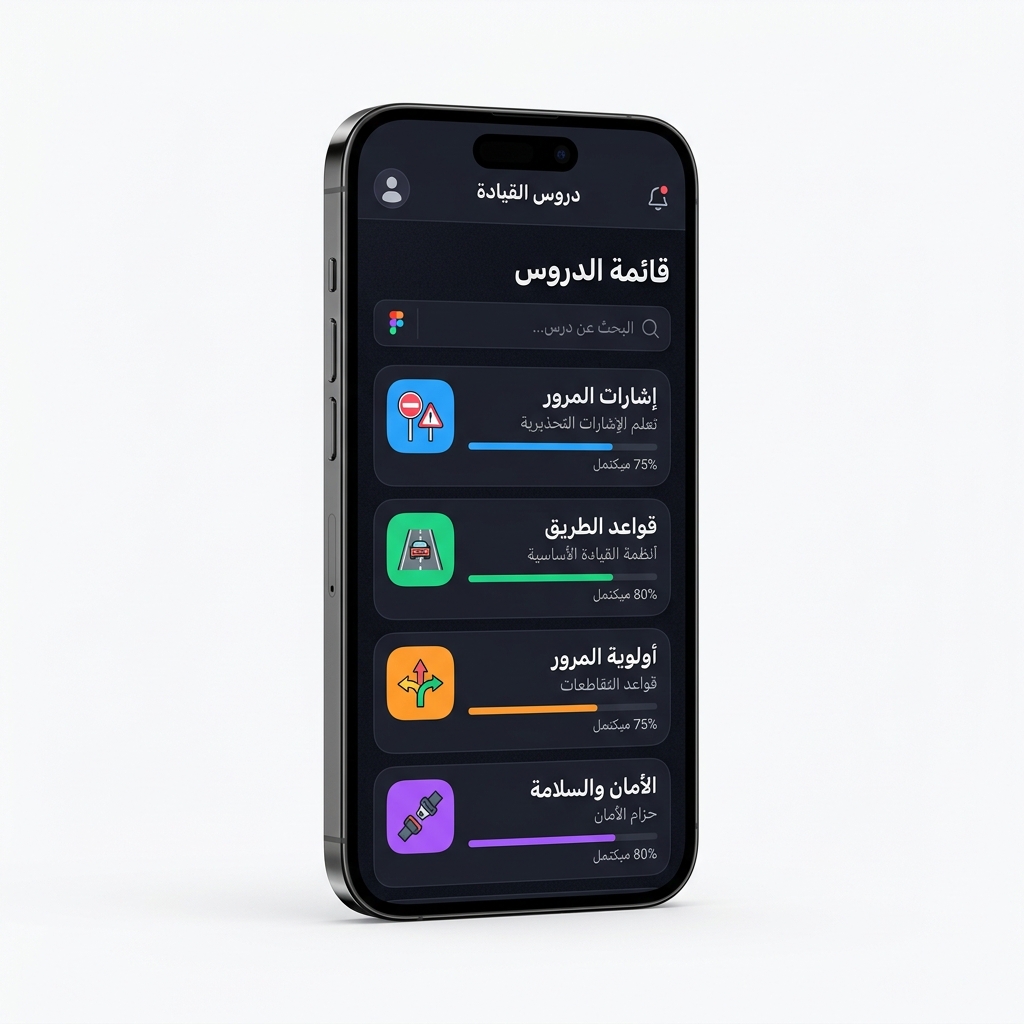 شاشة الدروس في التطبيق